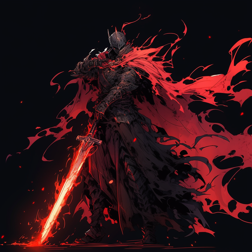 Legendary warrior with short sword in black and red robes