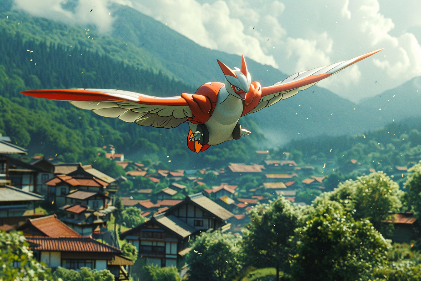 Legendary Pokemon flying over Pallet Town