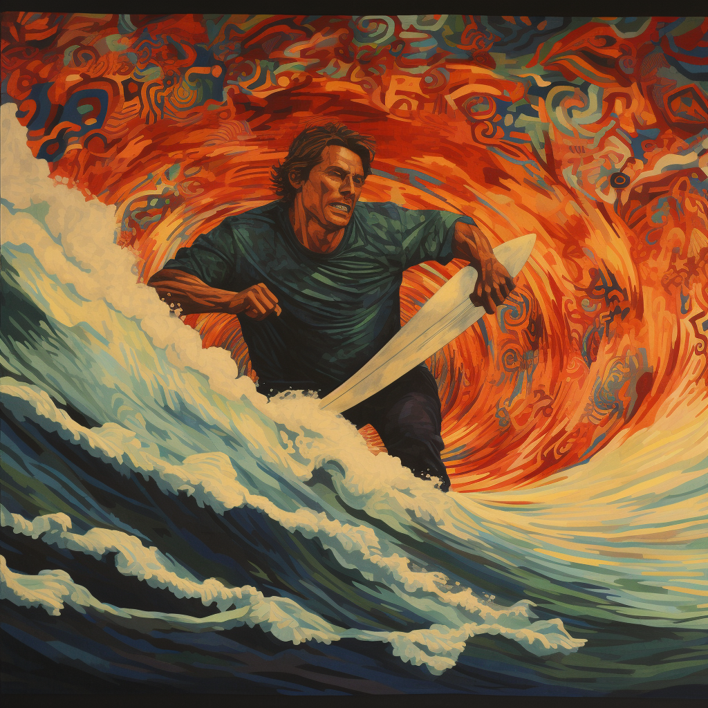 Vibrant artwork of legendary surfer