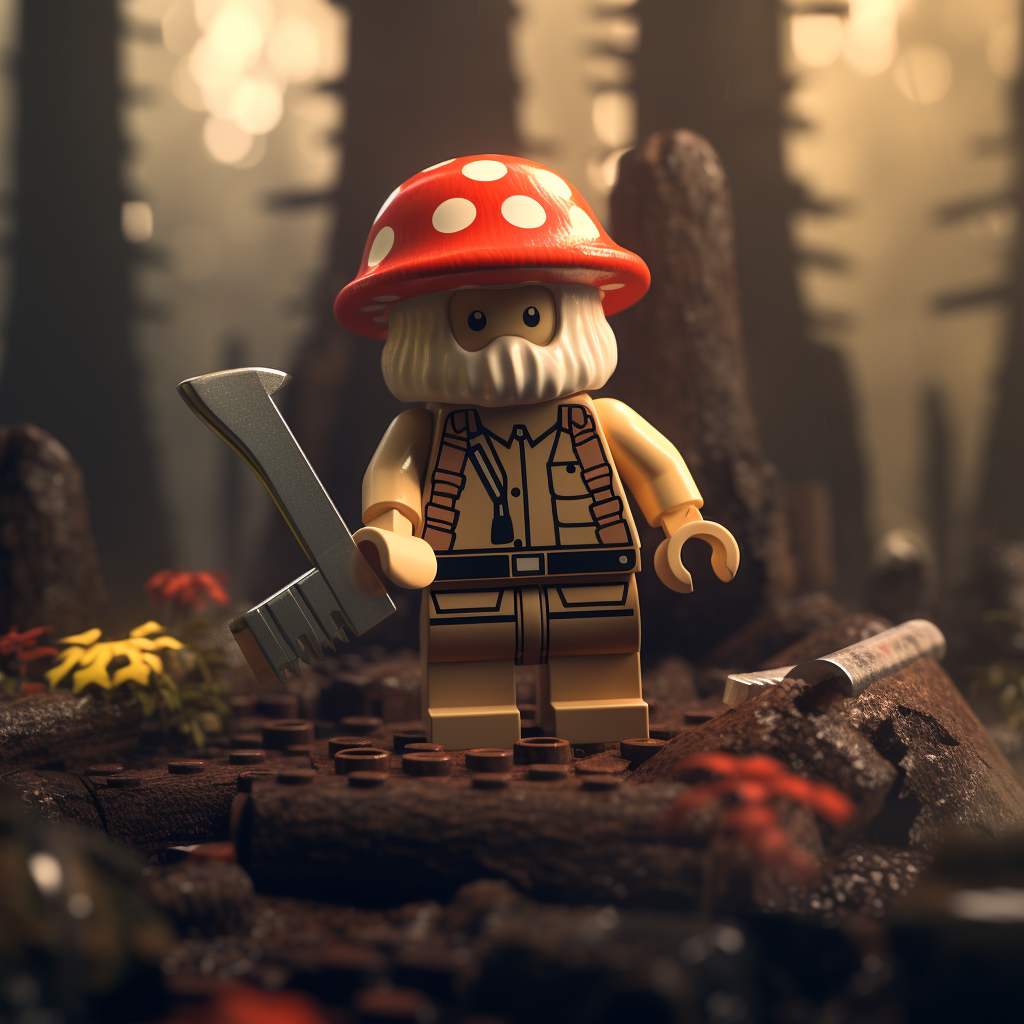 Lego figure sawing mushroom in forest