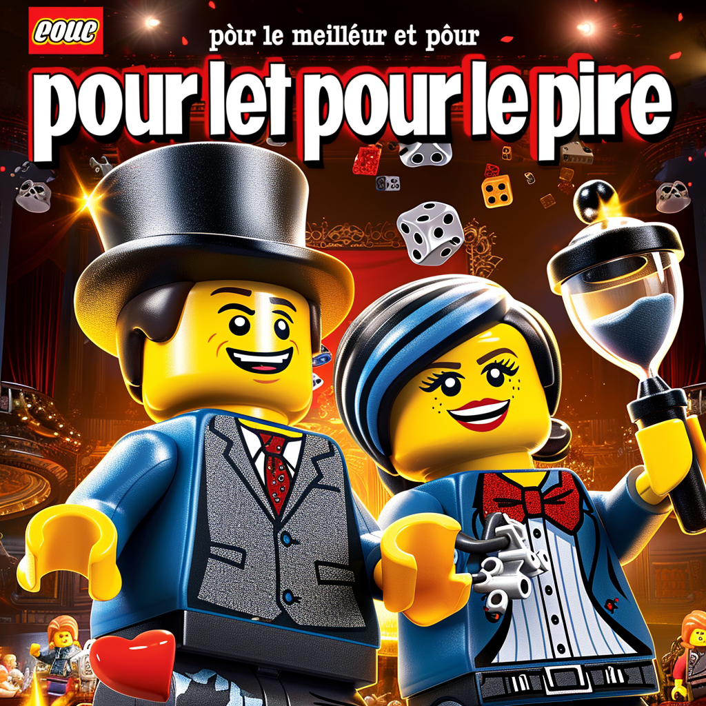 Two Lego characters having fun with dice, hourglass, mask, and heart