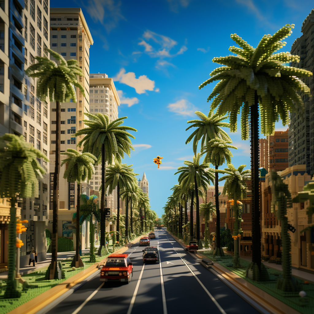 Lego palm trees on Los Angeles street