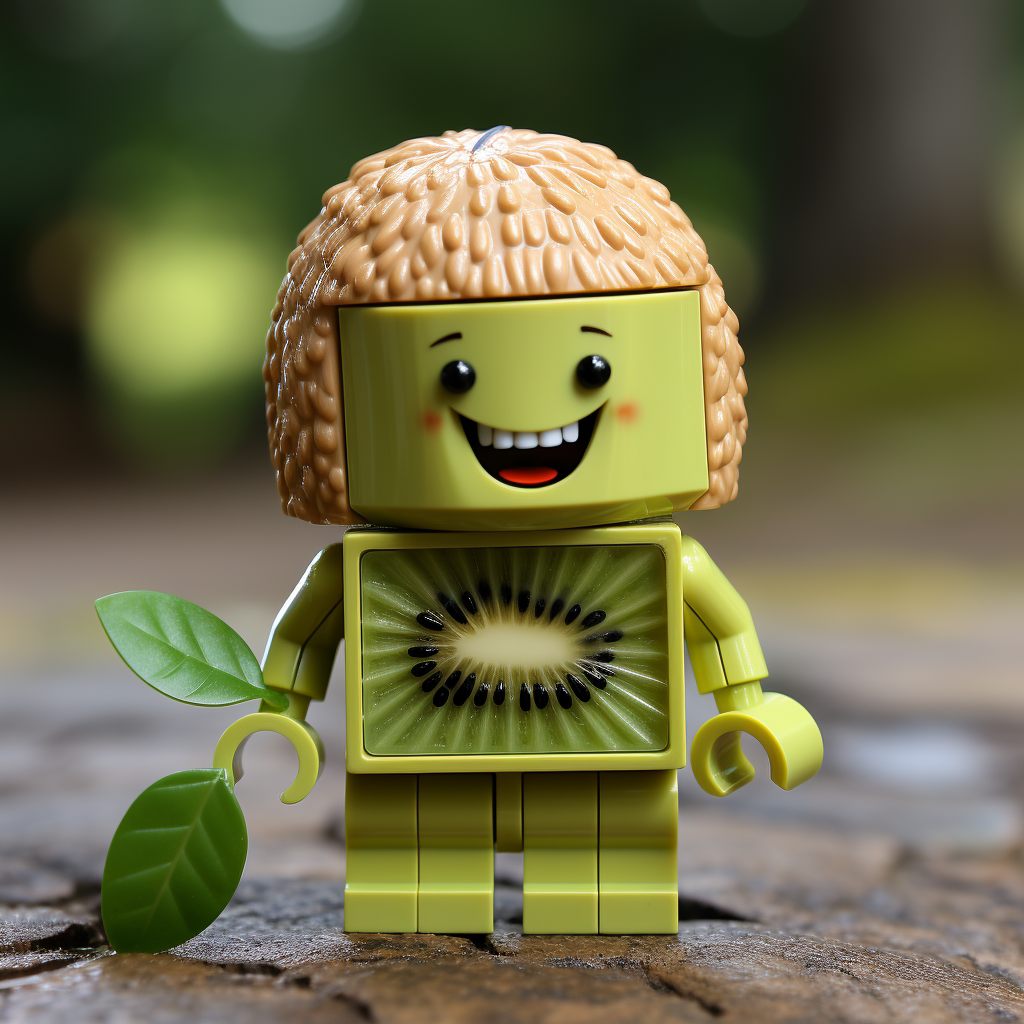 Playful Lego minifigure with kiwi fruit