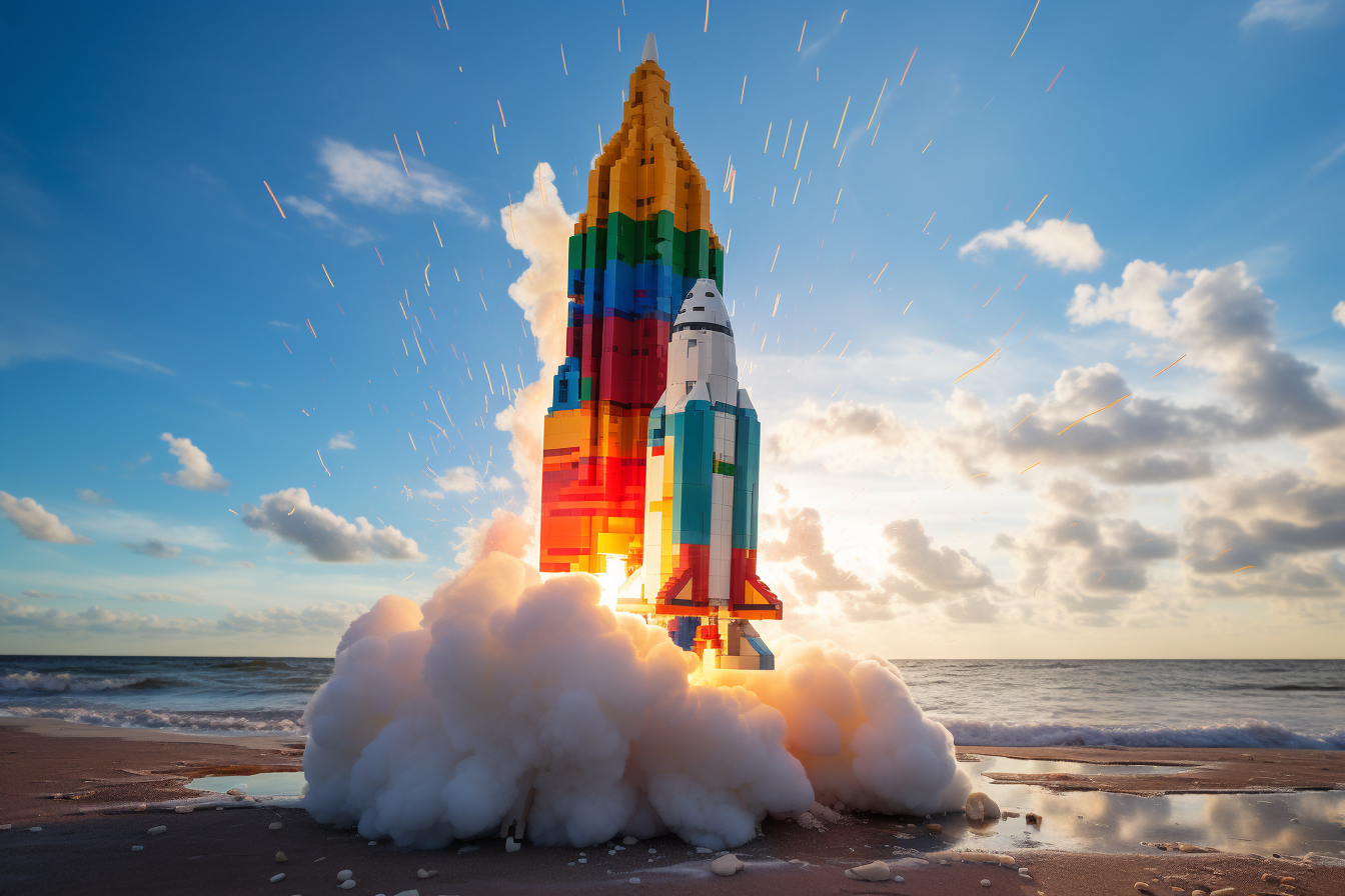 Colorful Lego rocket blasting off