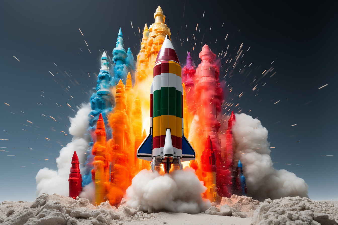 Colorful Lego Rocket Launching into Space