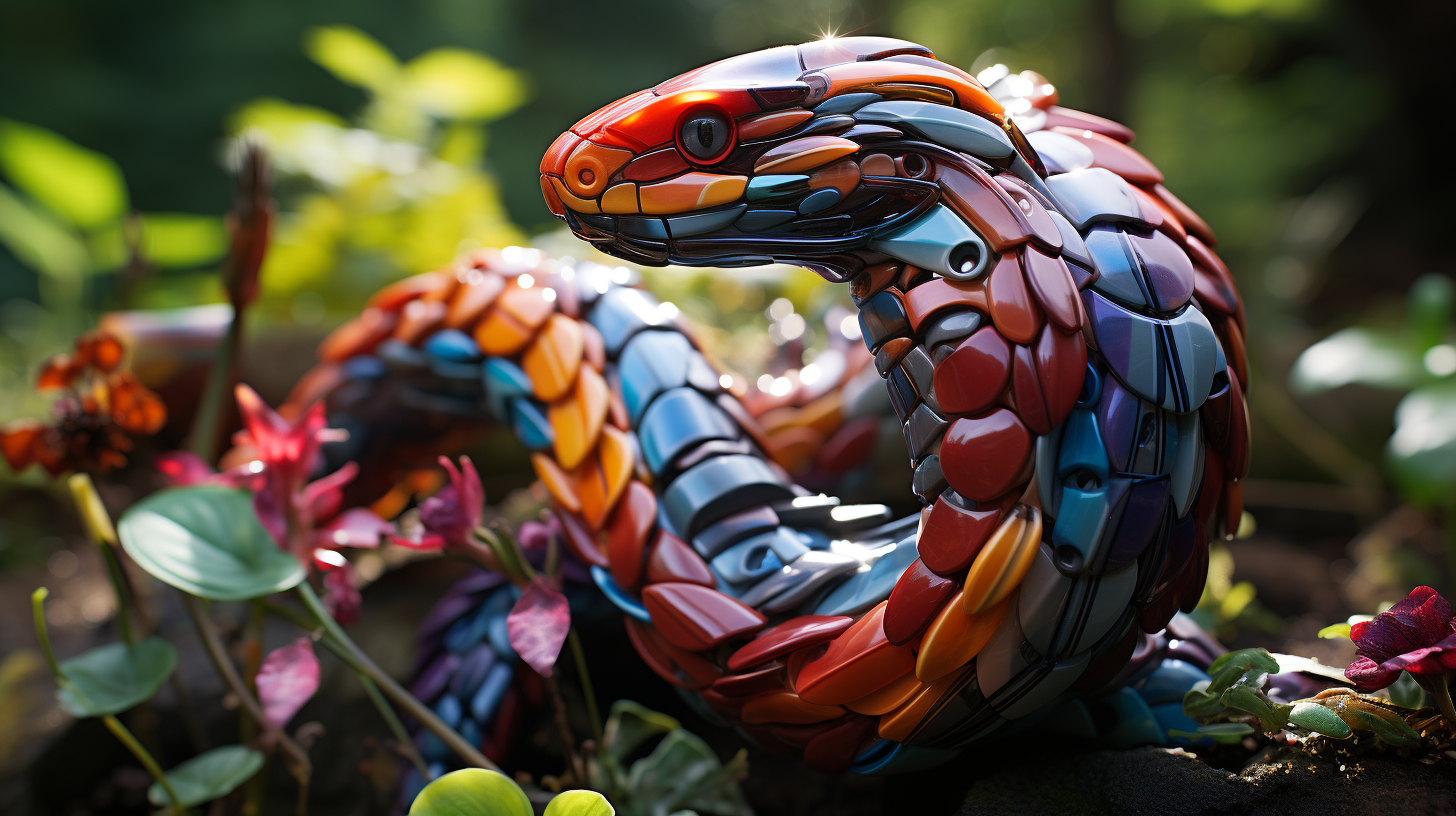 Colorful Lego snake in jungle