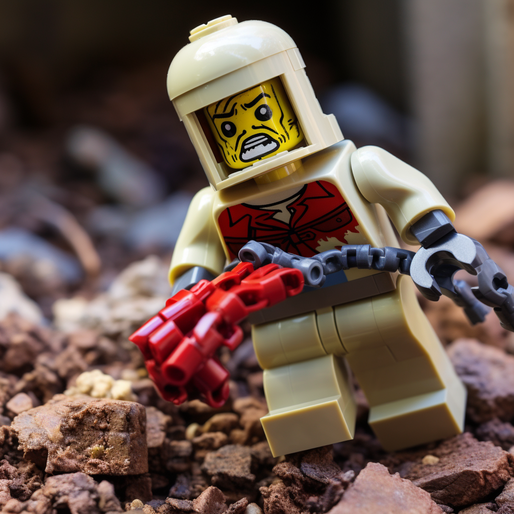 Spooky LEGO zombie arm emerging from the ground