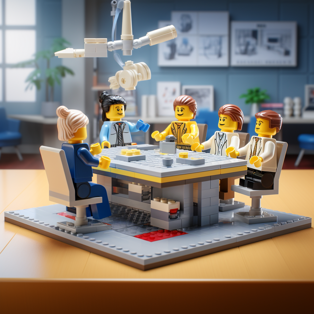 Miniatures discussing LEGO Bank marketing strategy