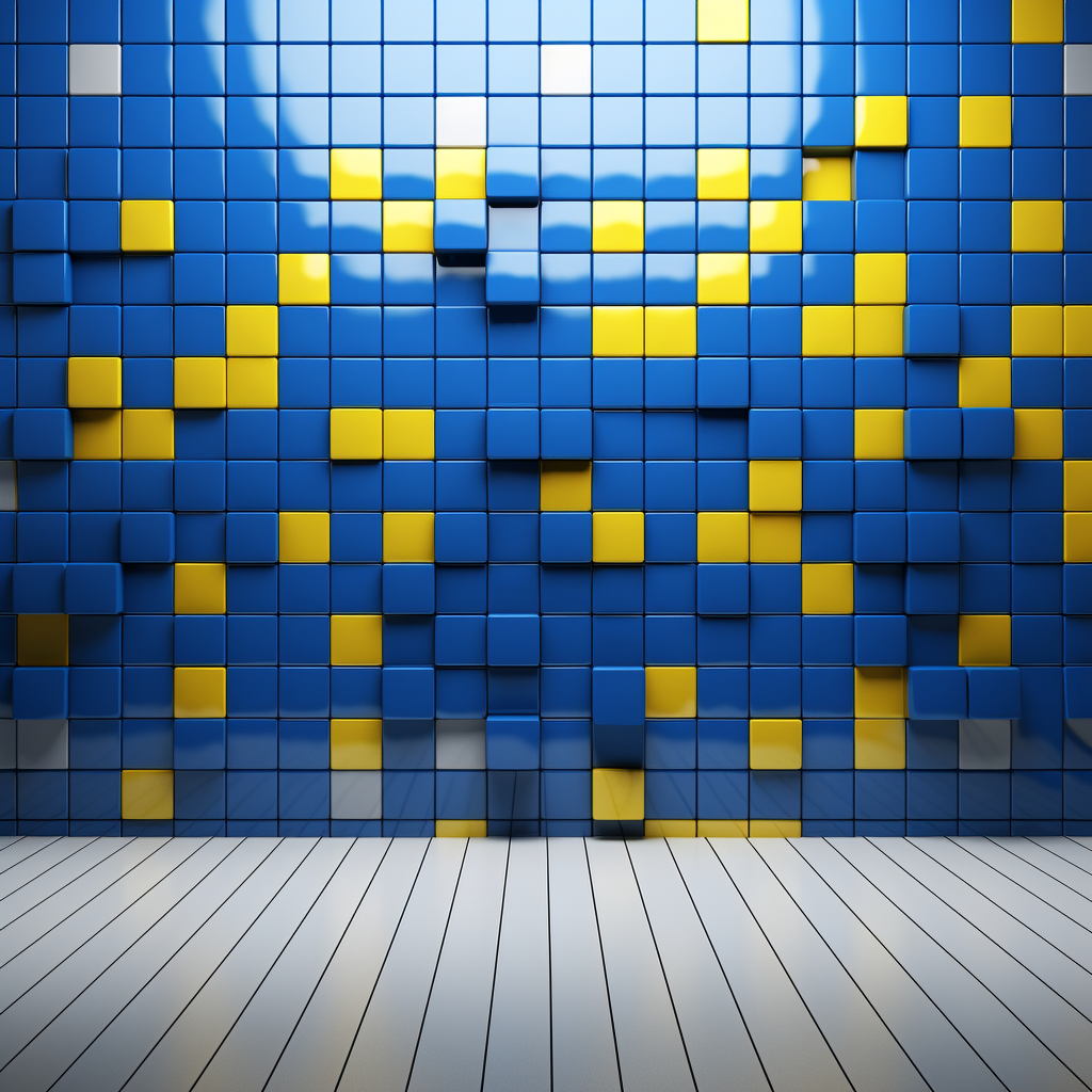 Shiny blue, yellow, and white Lego bricks in place