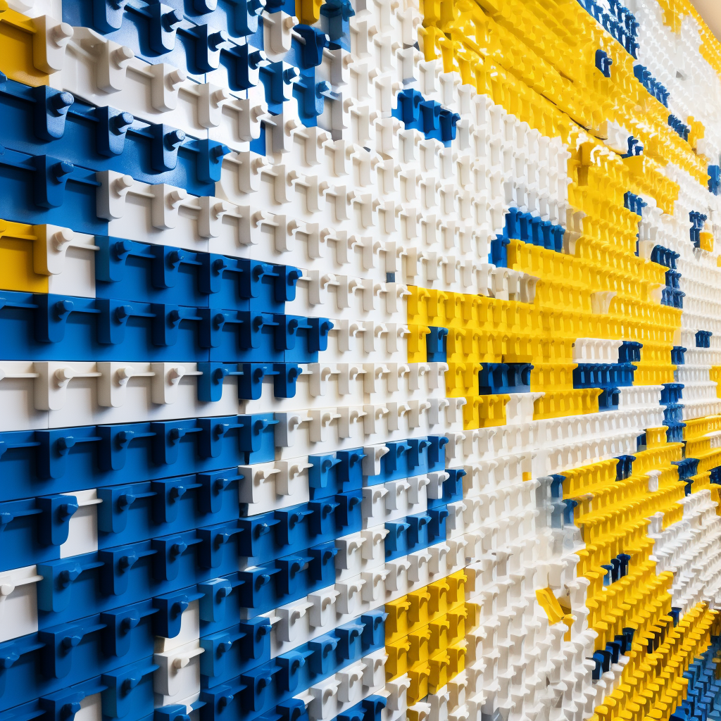 Colorful Lego bricks on a shiny wall