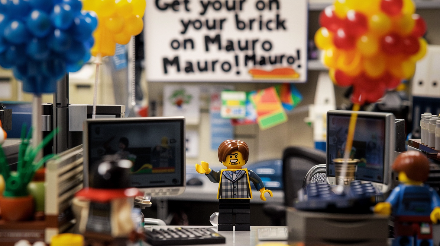 Lego office celebration with banner