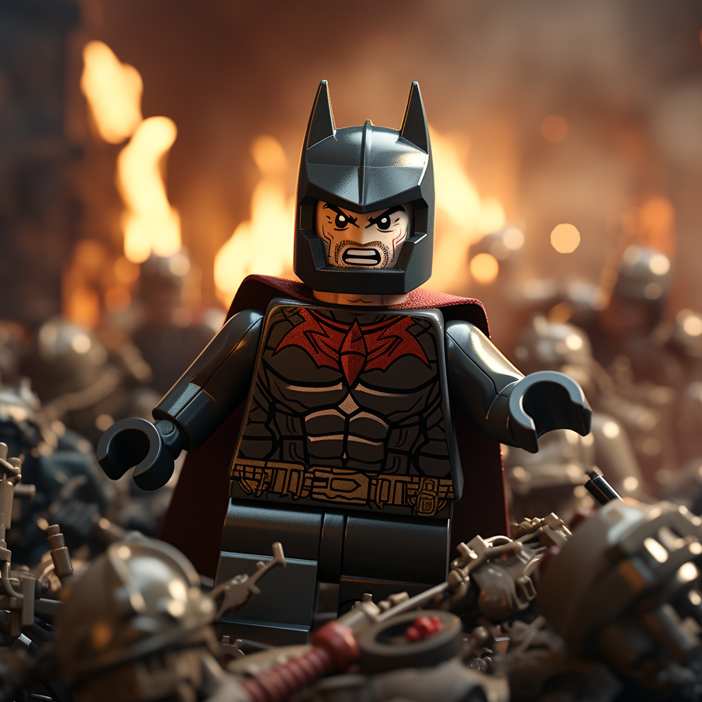 Lego superheroes fighting Lego villains energetically