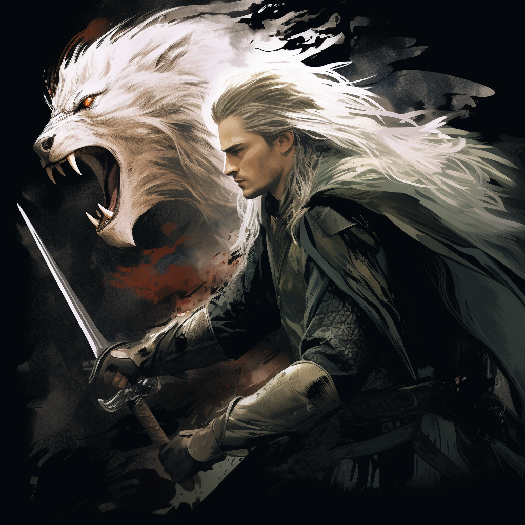 Legolas battling ferocious wolf in graphic art