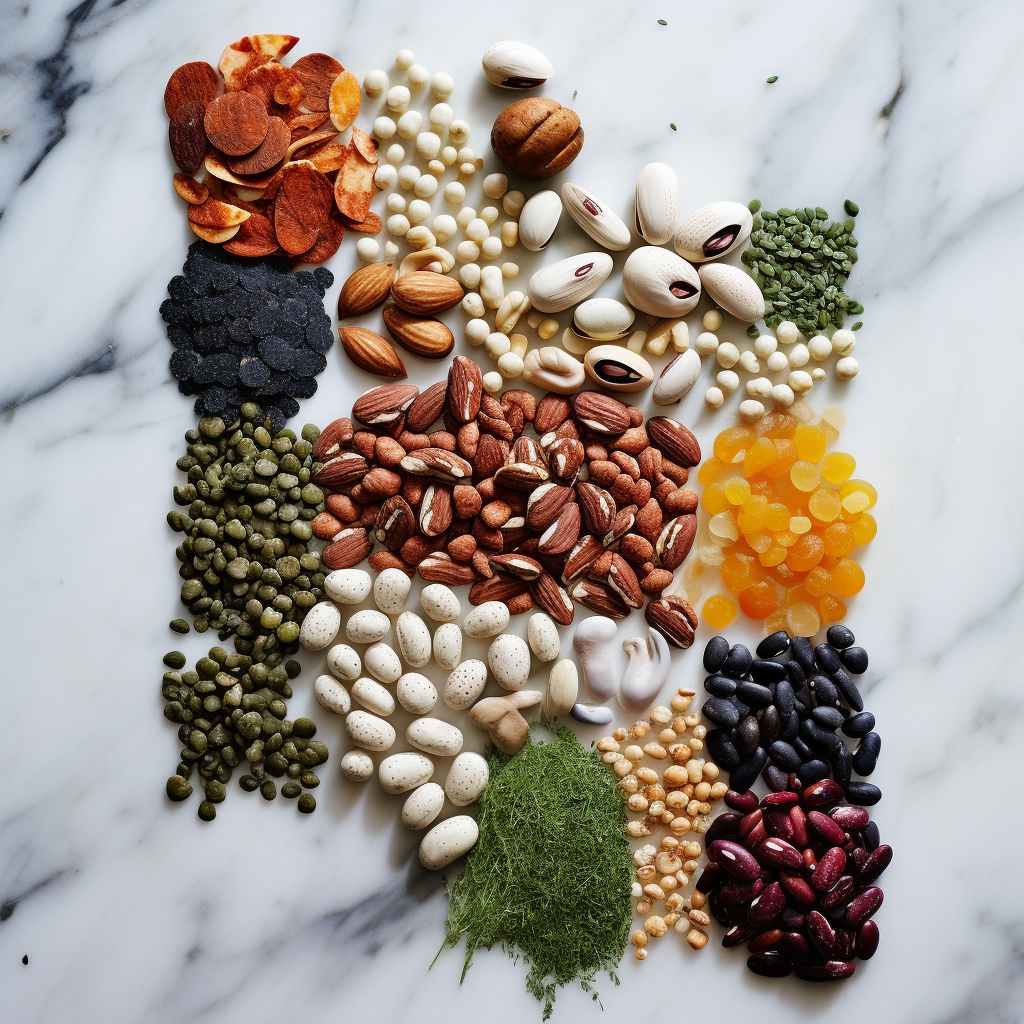 Assorted legumes on marble countertop