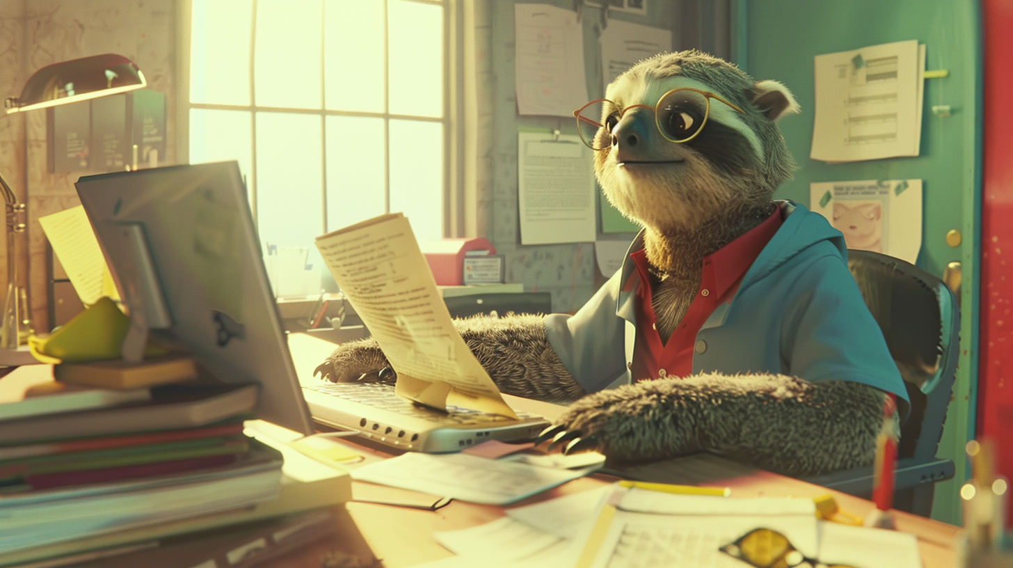 Sloth-like office worker organizing documents