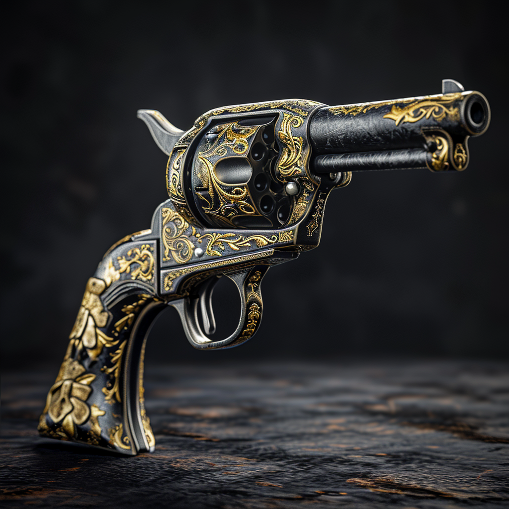 Golden engraving on Lemat revolver with pearl handle