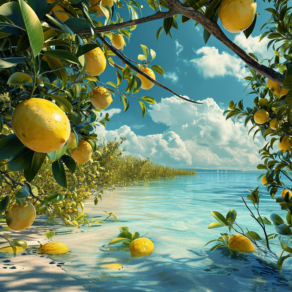 Spectacular lemon grove on beach with blue ocean and floating lemons