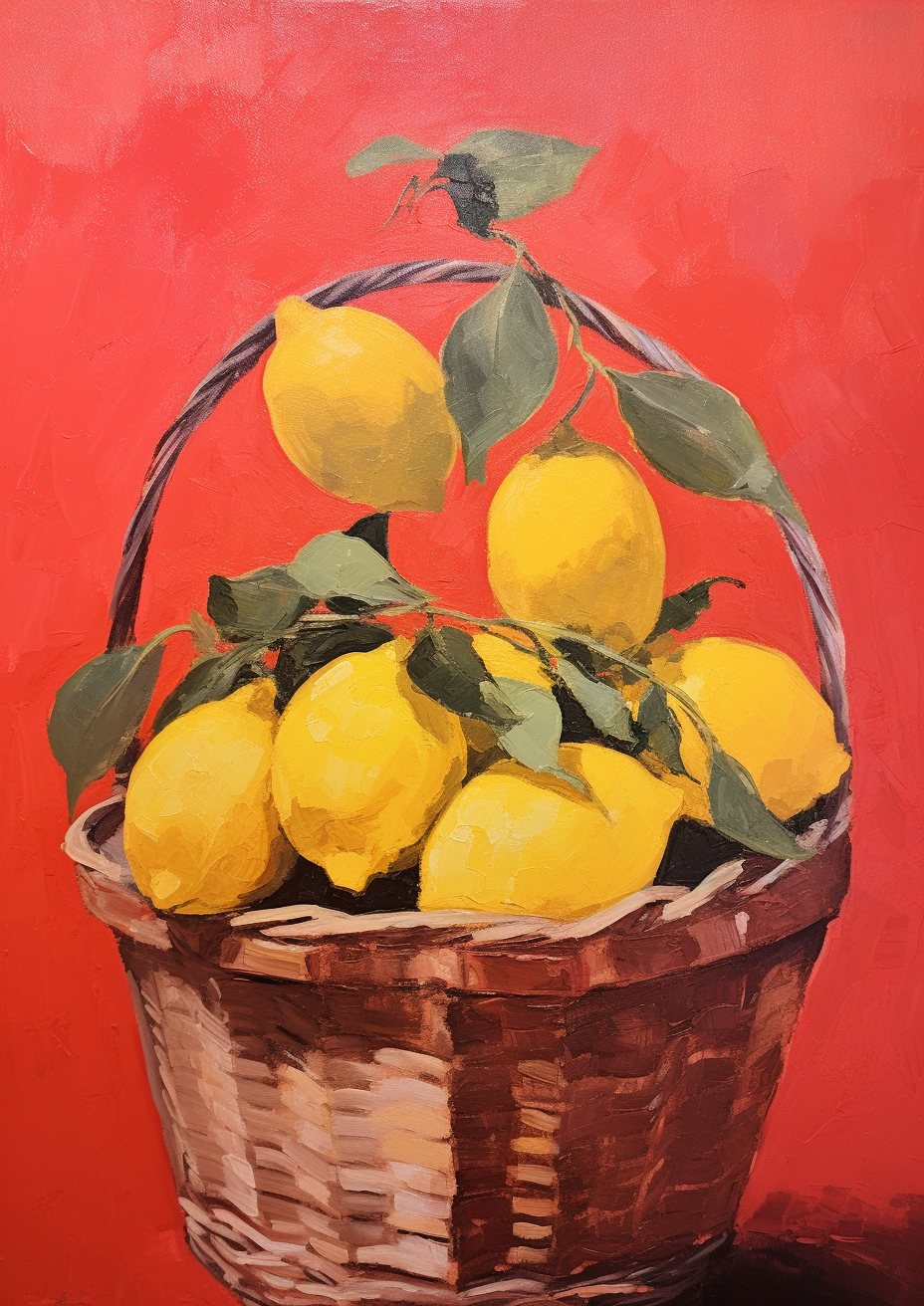 Lemons in a basket on red background