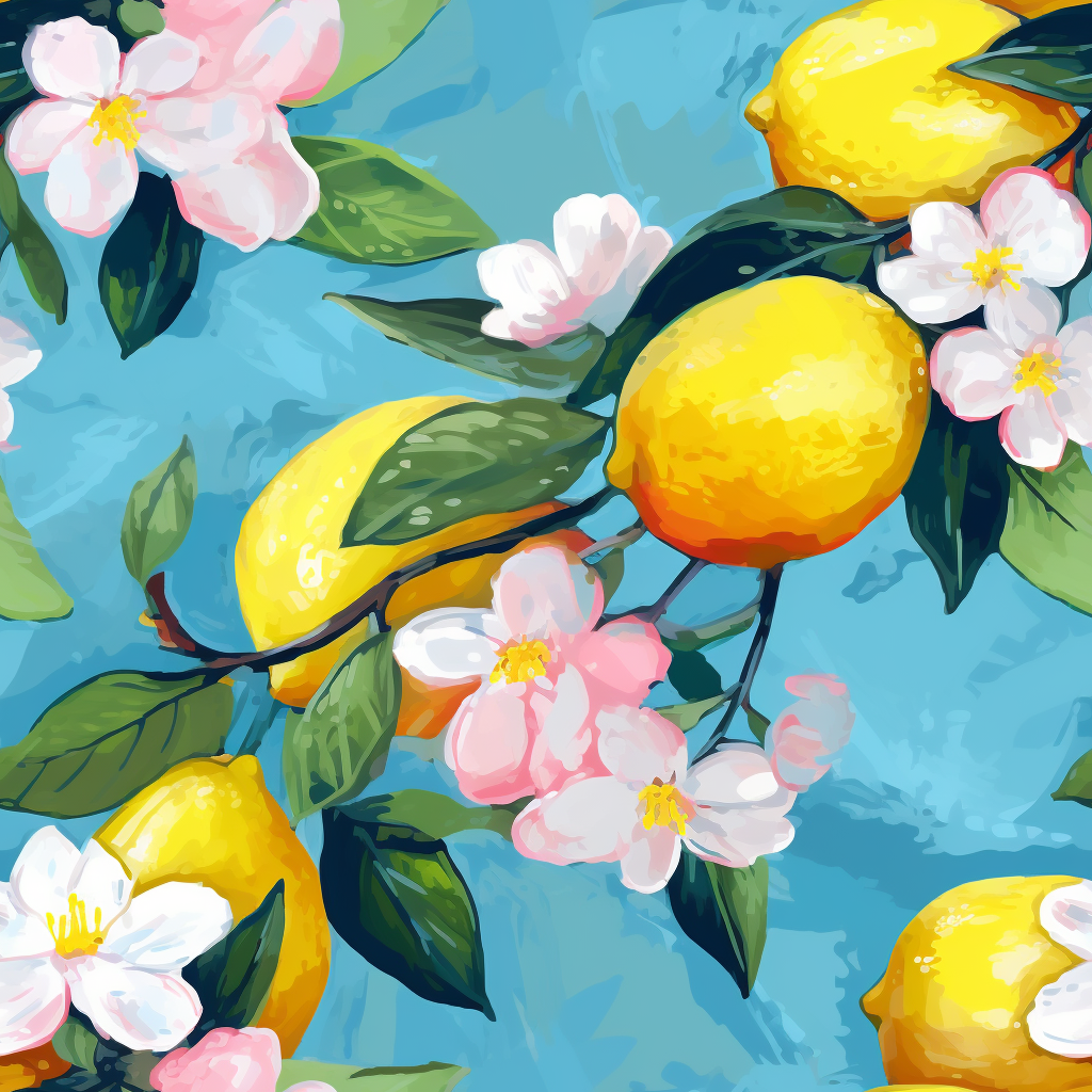 Lemons and Pink Flowers on Blue Background