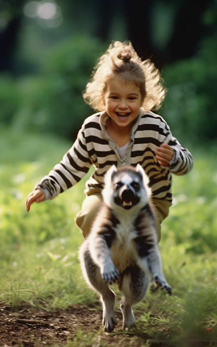 Happy lemur toddler girl playing outside