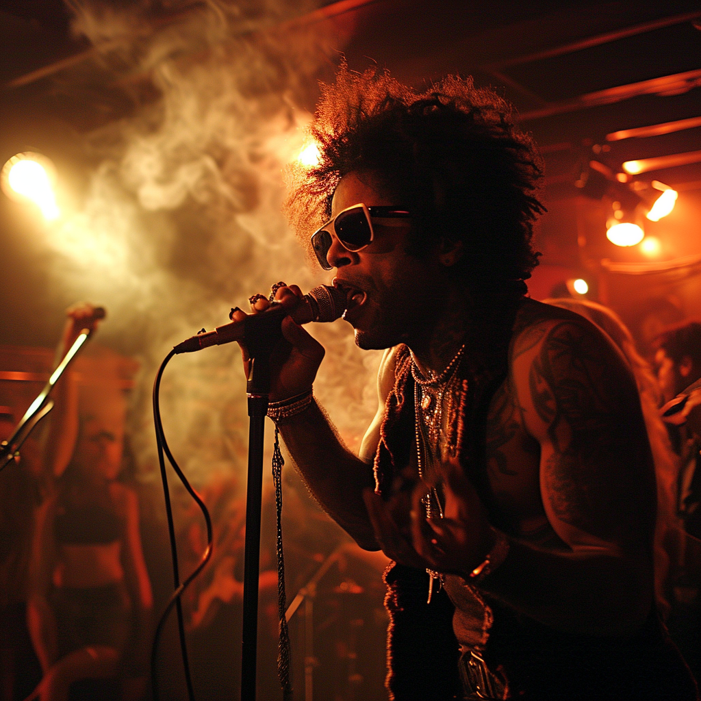 Lenny Kravitz singing in a smokey nightclub