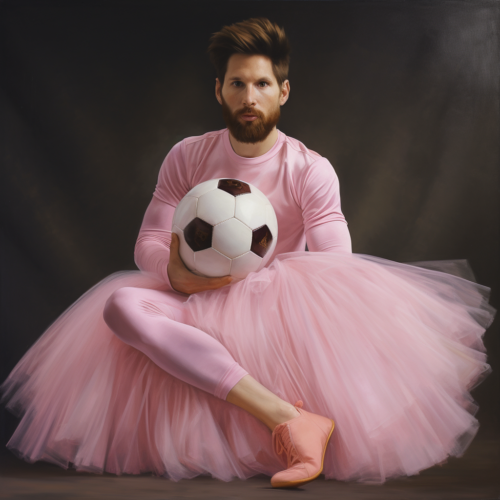 Messi in pink ballet dress with football