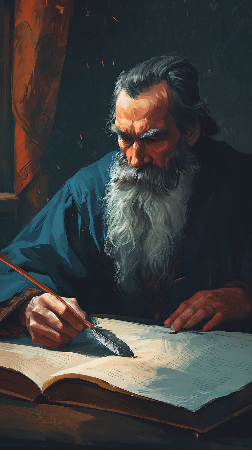 Leo Tolstoy thoughtful writing pose