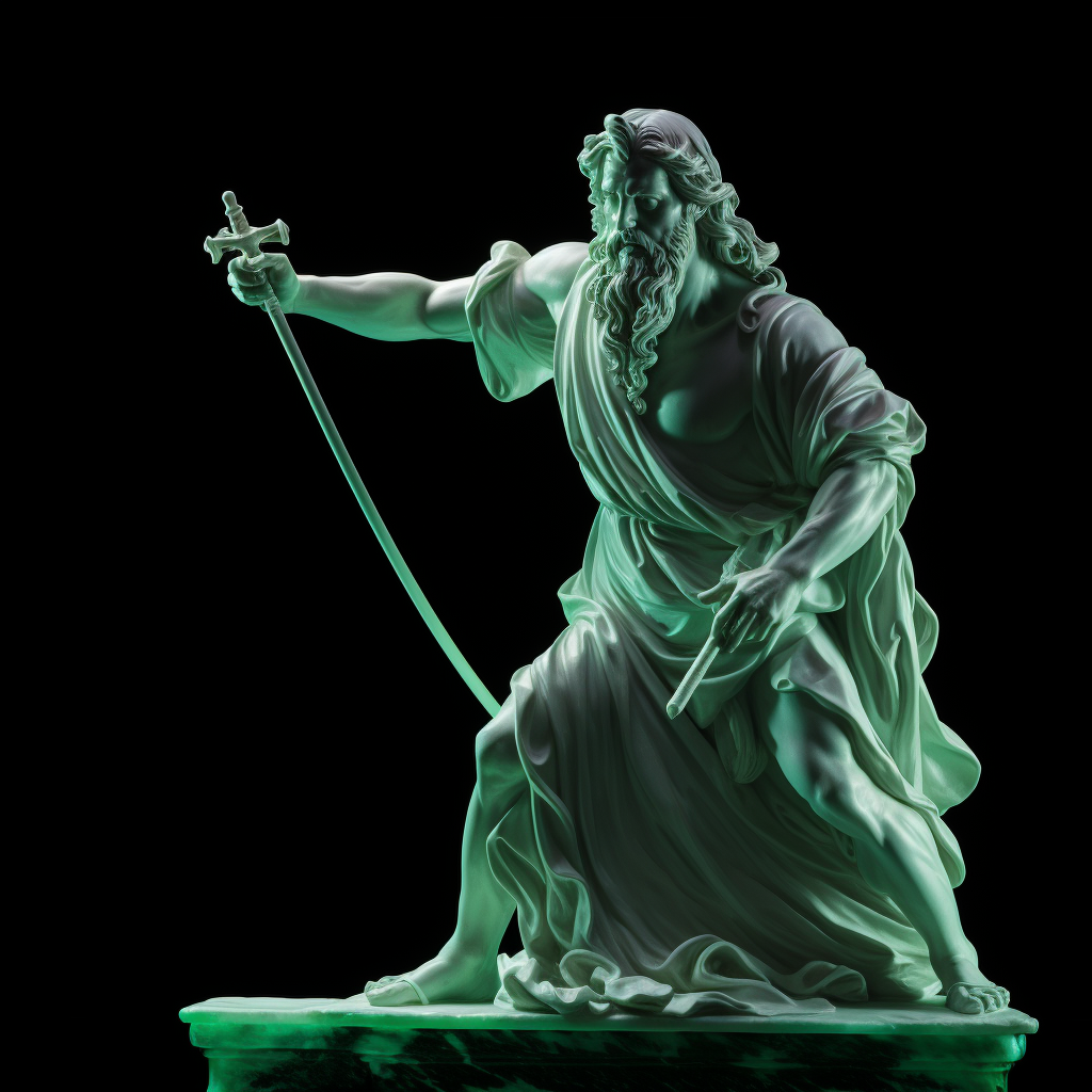 Statue of Leonardo da Vinci aiming with spear