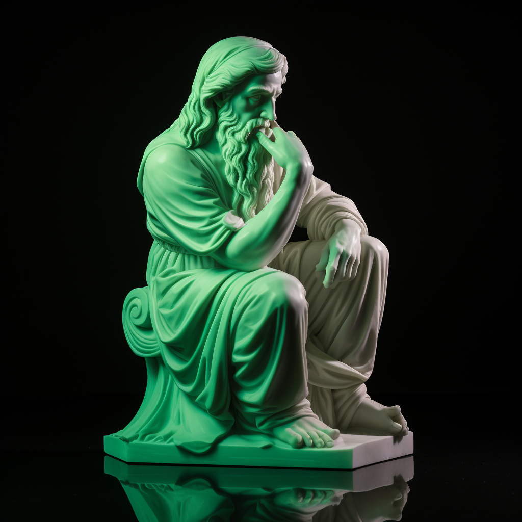 White statue of Leonardo da Vinci thinking