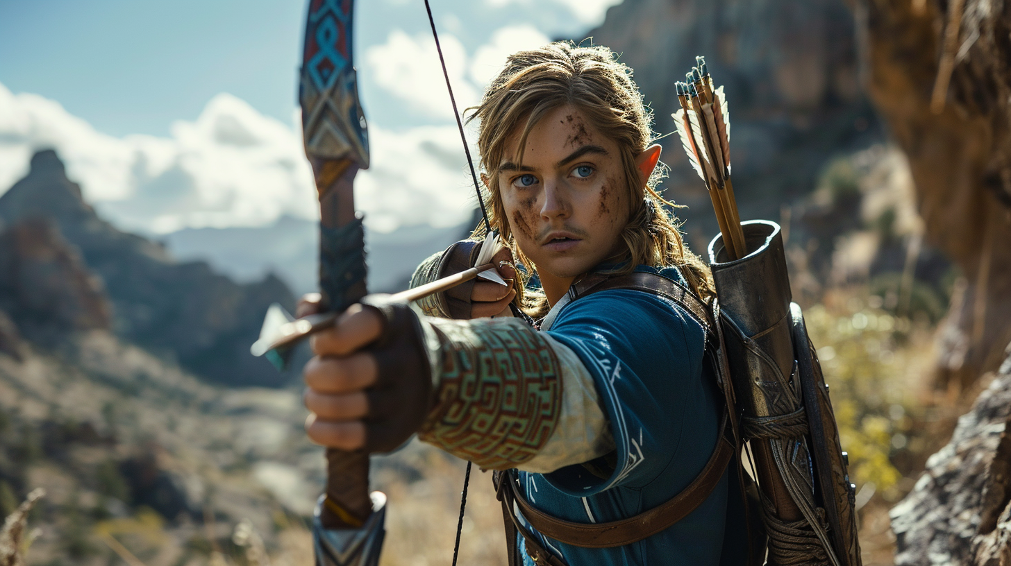 Leonardo DiCaprio as Link shooting a bow and arrow