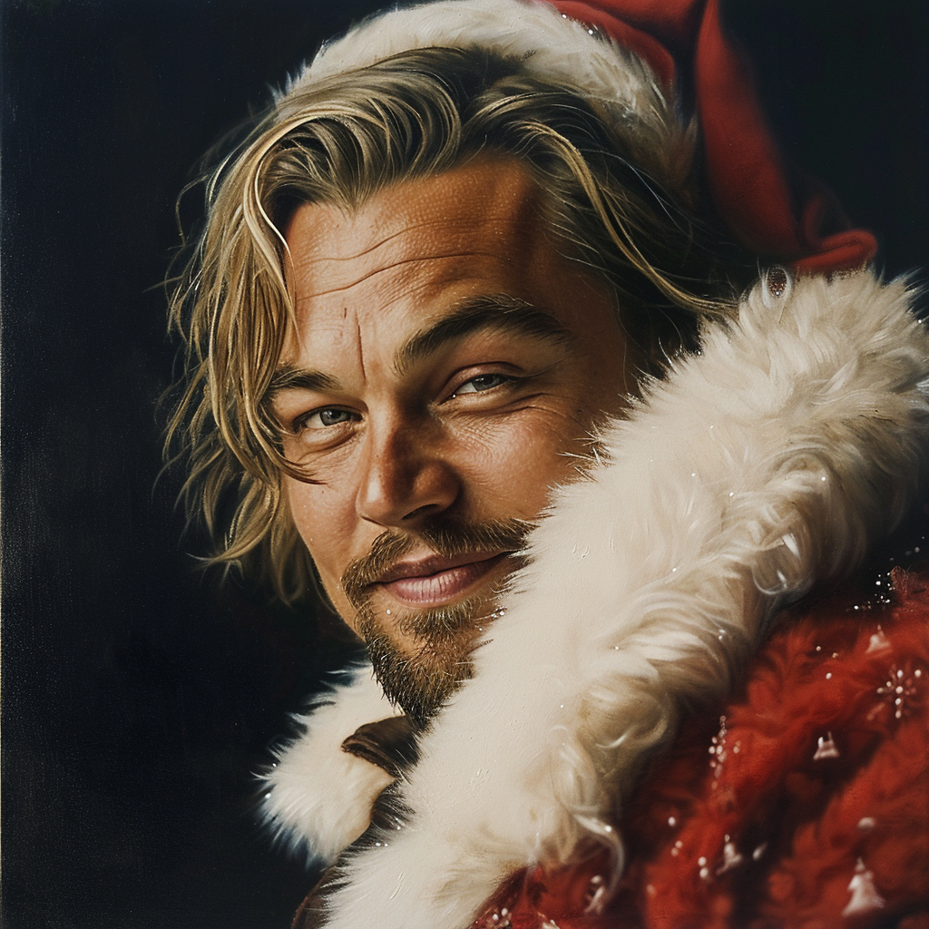 Leonardo DiCaprio smiling in fashionable Santa attire