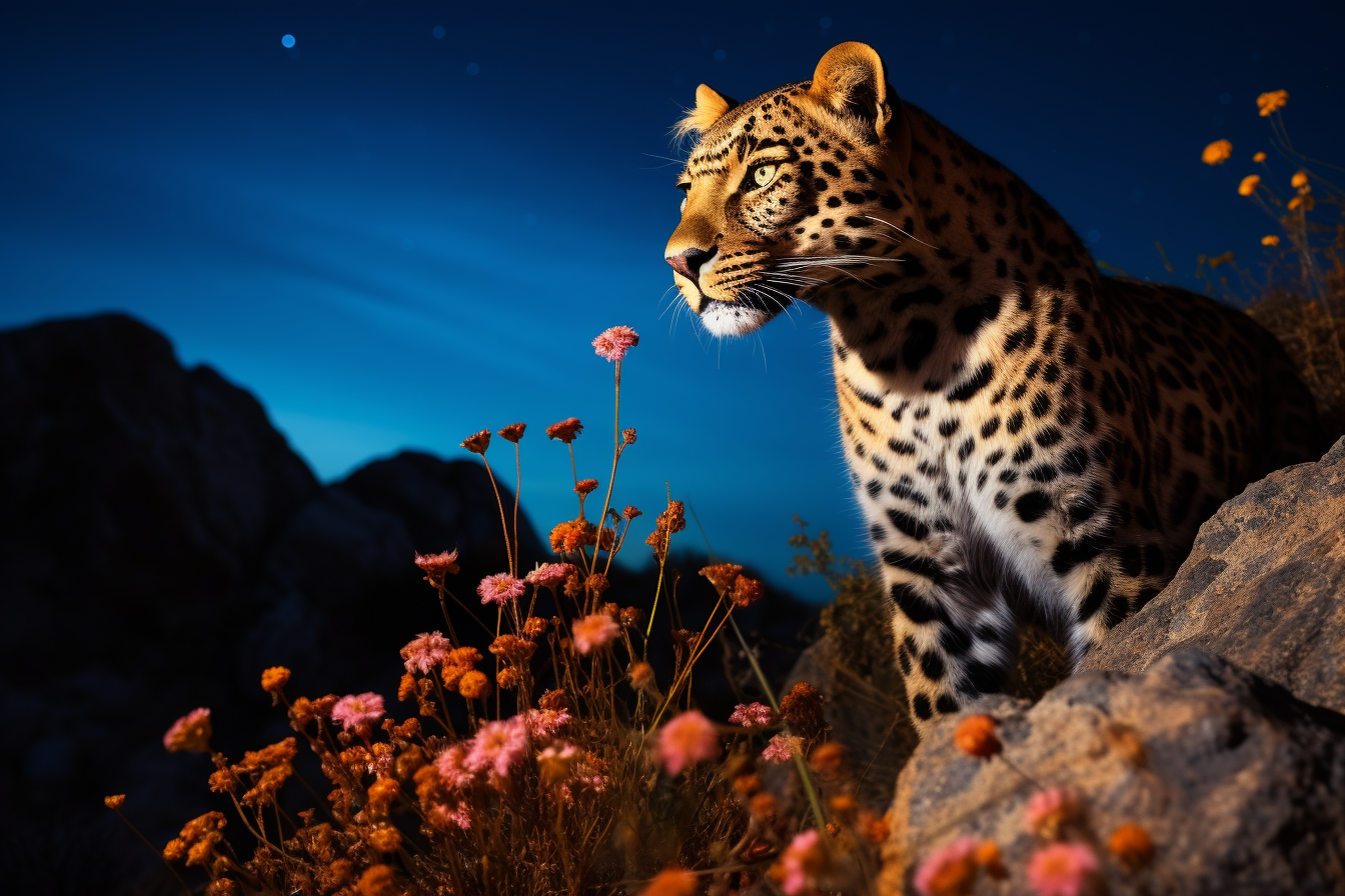 Beautiful Leopard Surrounded by Blue Flowers