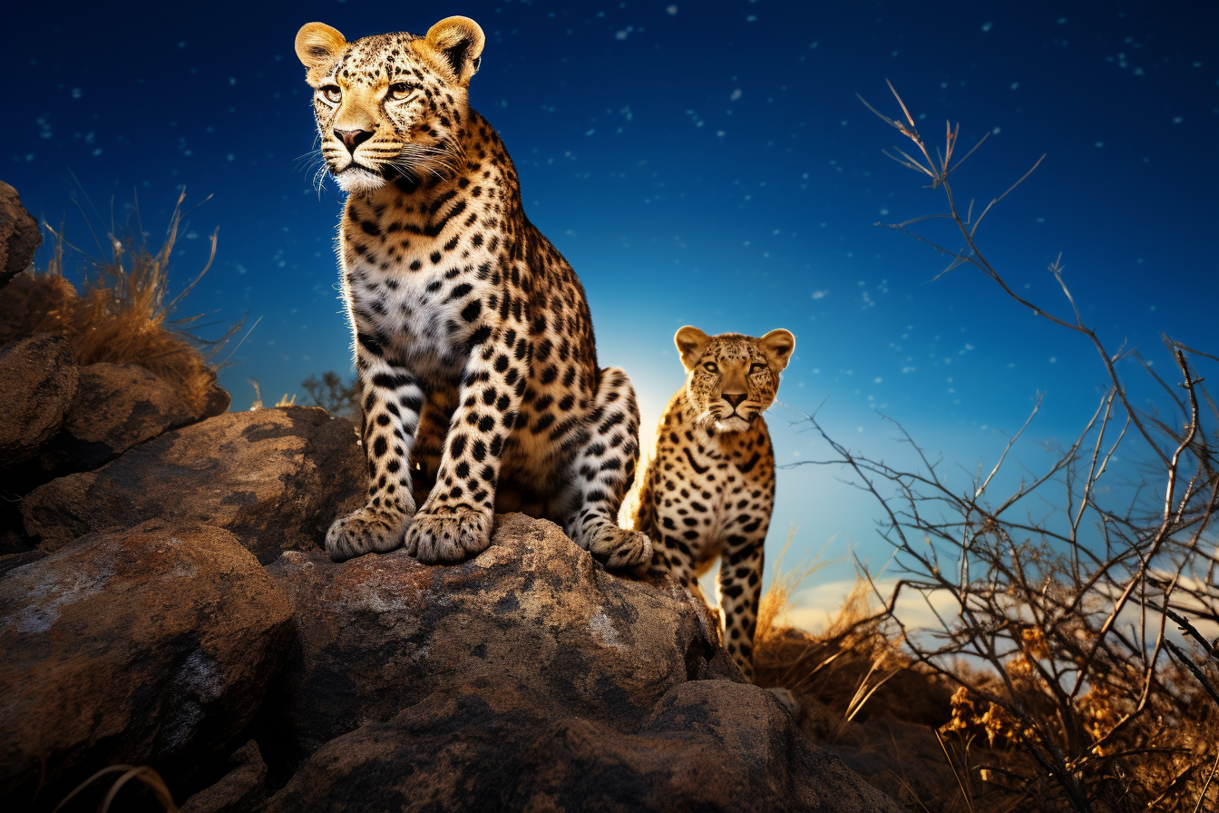 Leopard couple on rocky hill