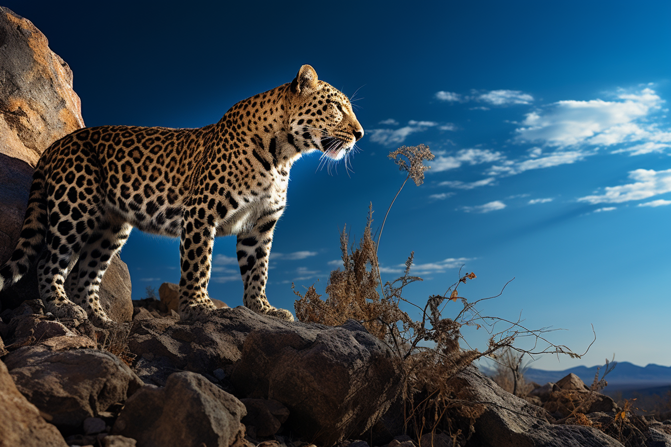 Leopard standing on rocky hill with sky galaxy background