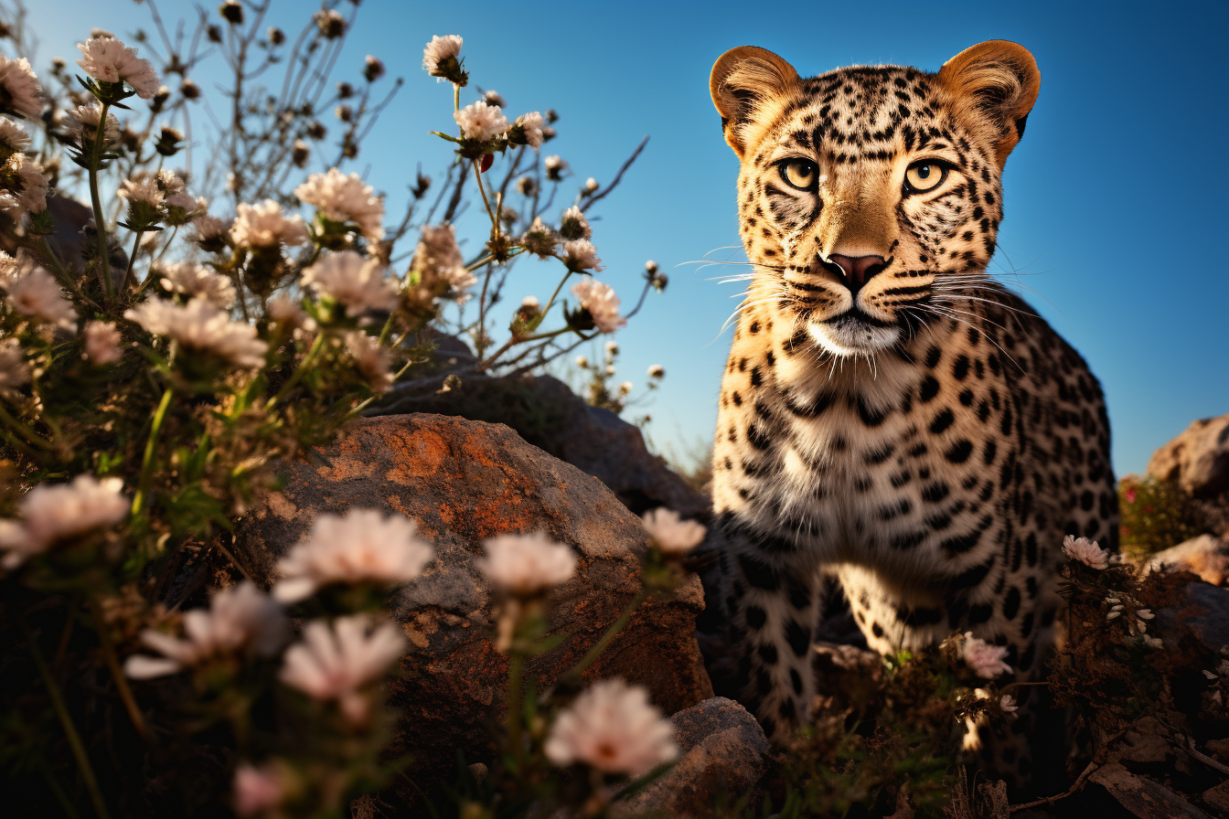 Leopard standing on rocky hill with blue flowers