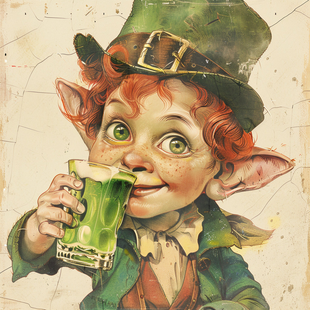 Leprechaun drinking green beer drawing