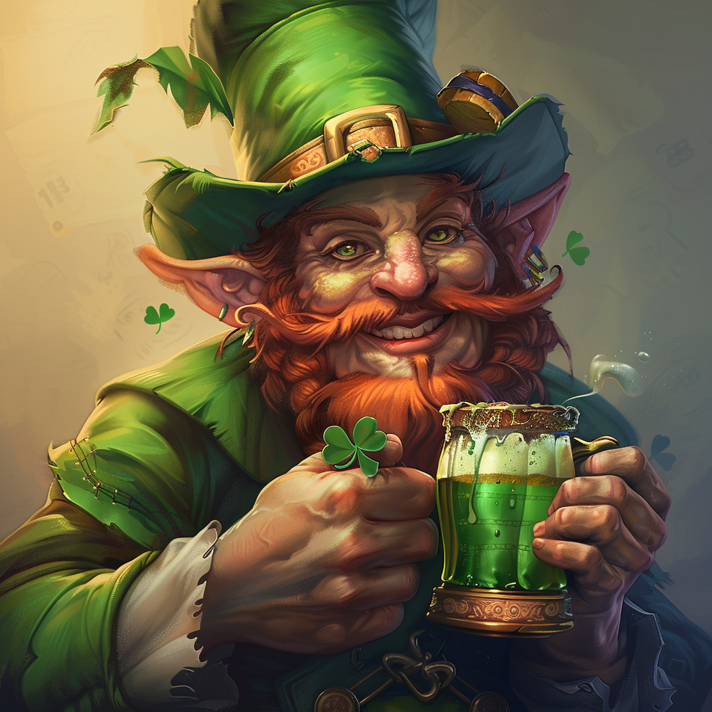 Happy leprechaun holding green beer