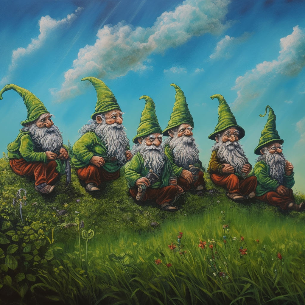 Leprechauns on bright sky grassy knoll in Ireland