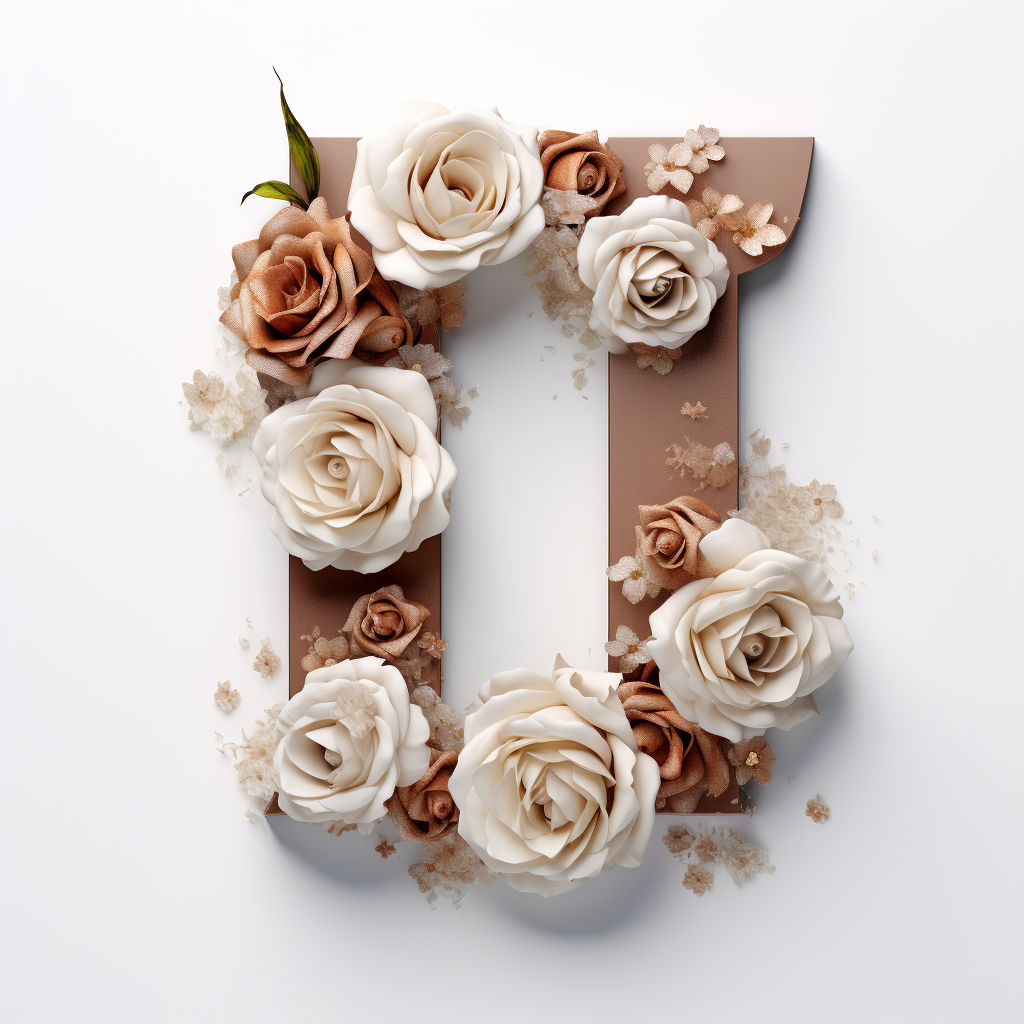 Letter T in white and brown roses on marble background