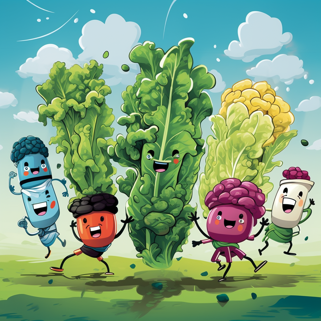 Colorful lettuce cartoon characters standing in a farm