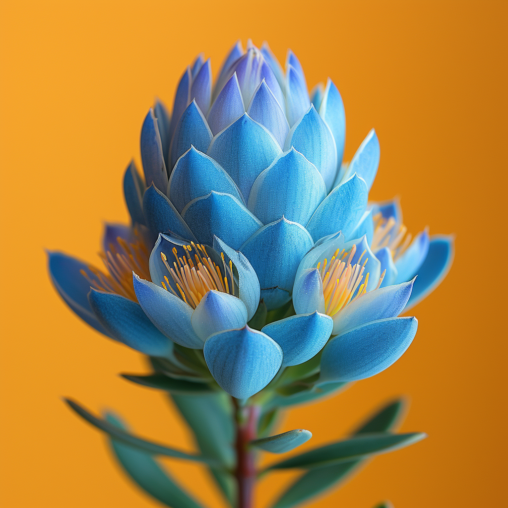 Teal Blue Leucadendron Flower on Yellow Background