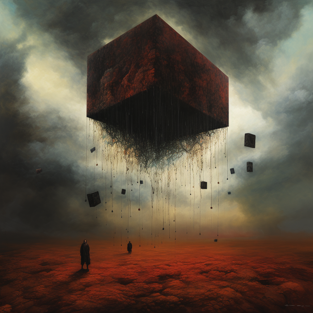 Cube Levitating Over Apocalyptic Landscape