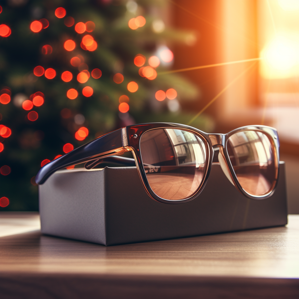 Sunglasses floating above glowing Christmas gift