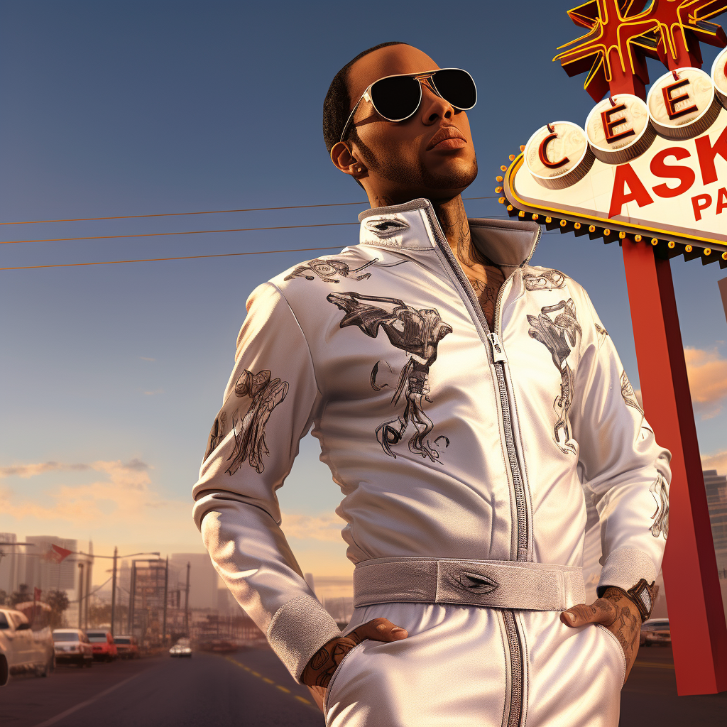 Lewis Hamilton wearing Elvis jumpsuit with Las Vegas sign