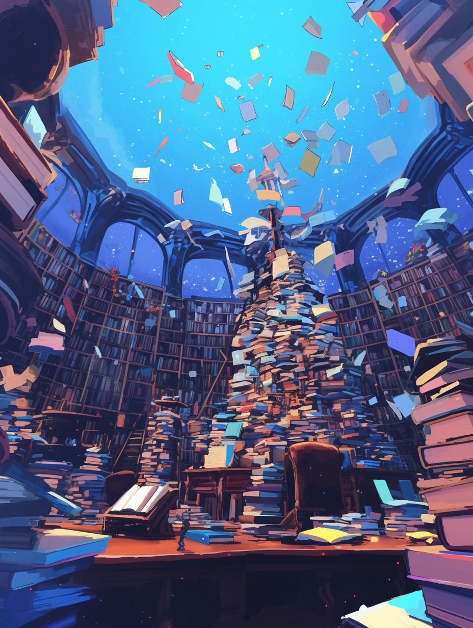 Library with piles of books