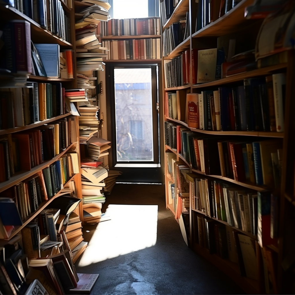 Shadowy library with towering bookshelves