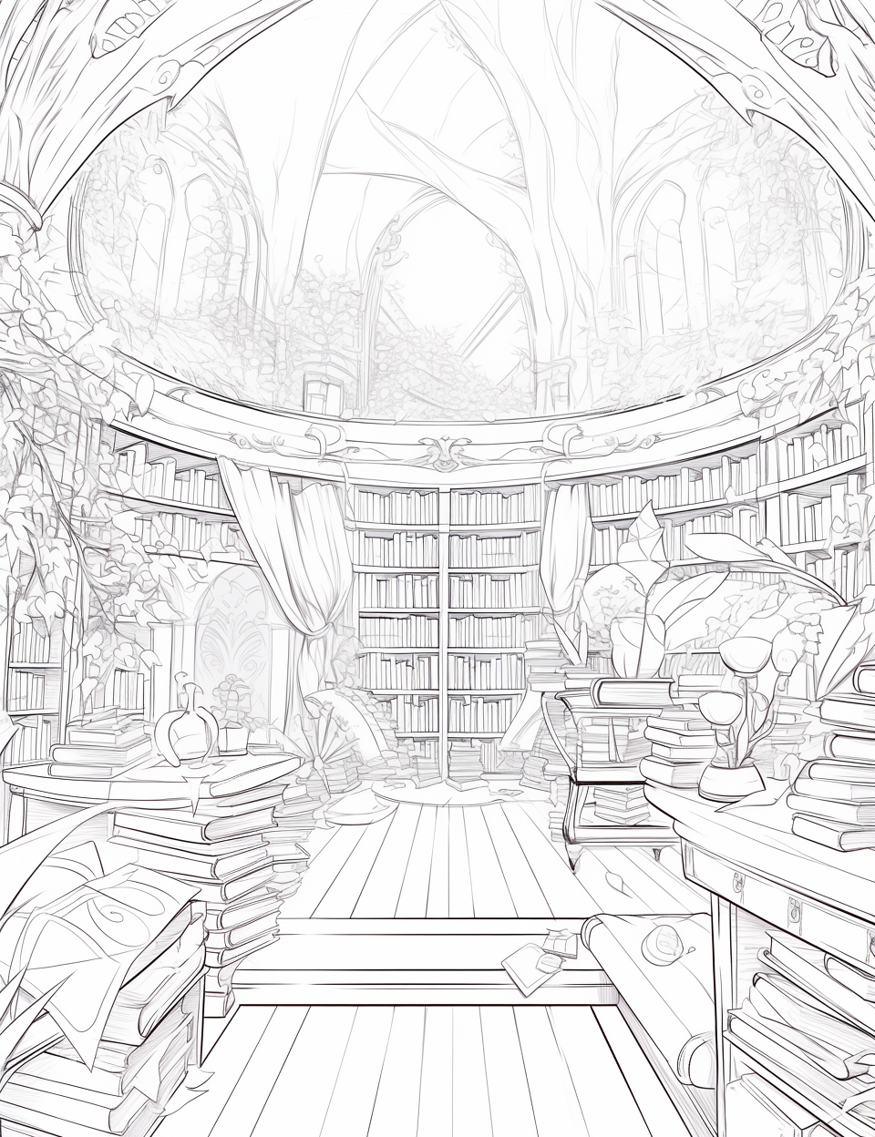 Enchanted library coloring pages