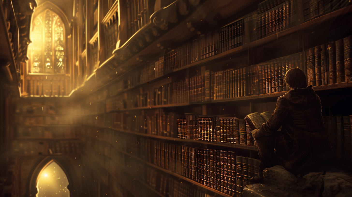 lone reader in dramatic library with aged book