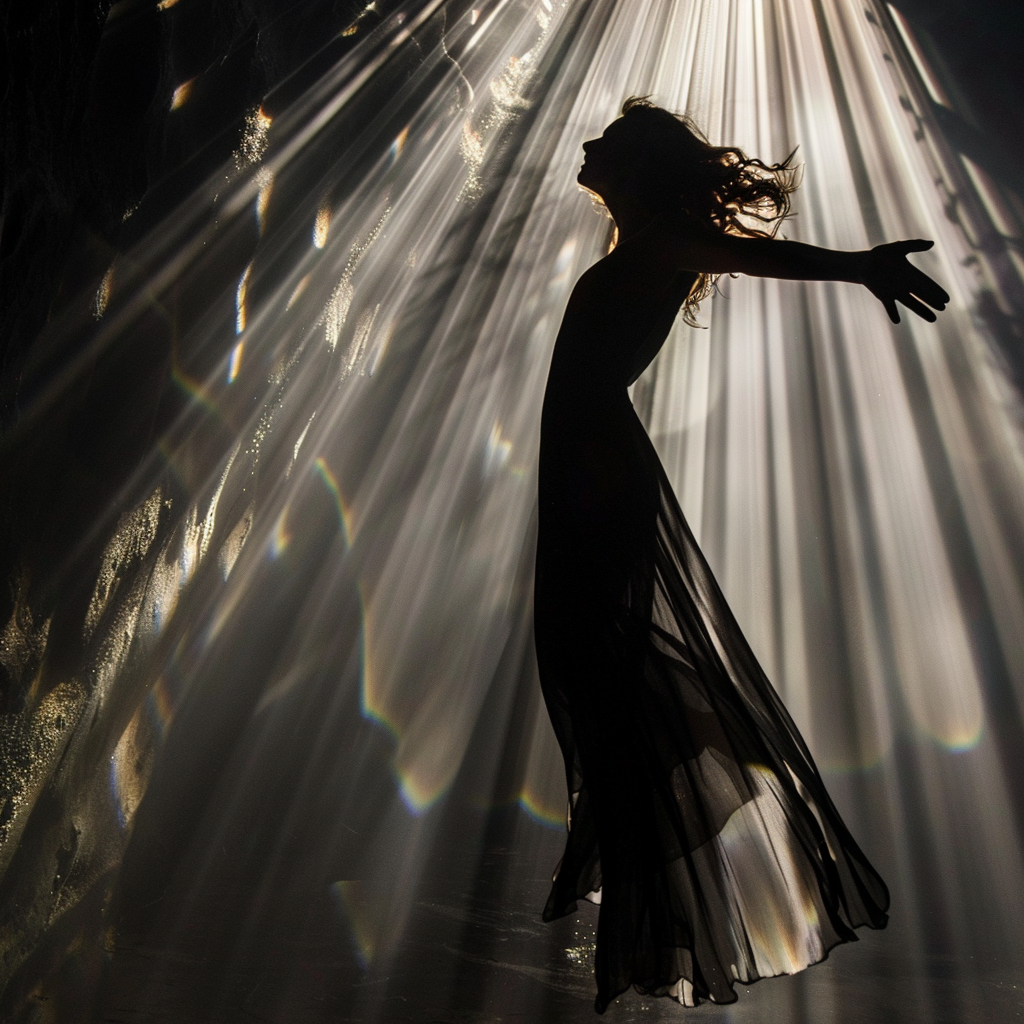 Woman silhouette light beams graceful