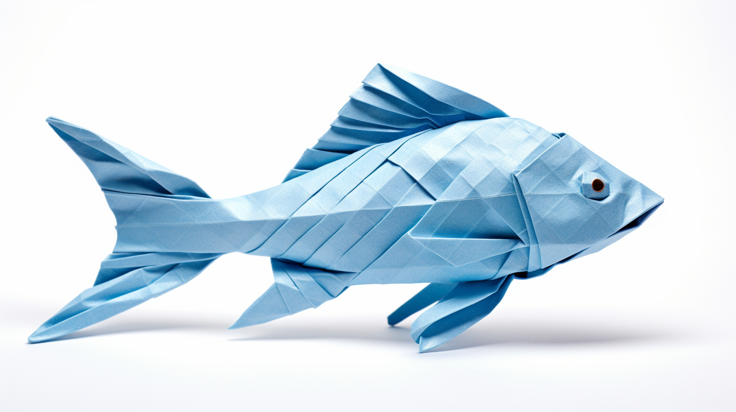 Light blue origami fish on white background